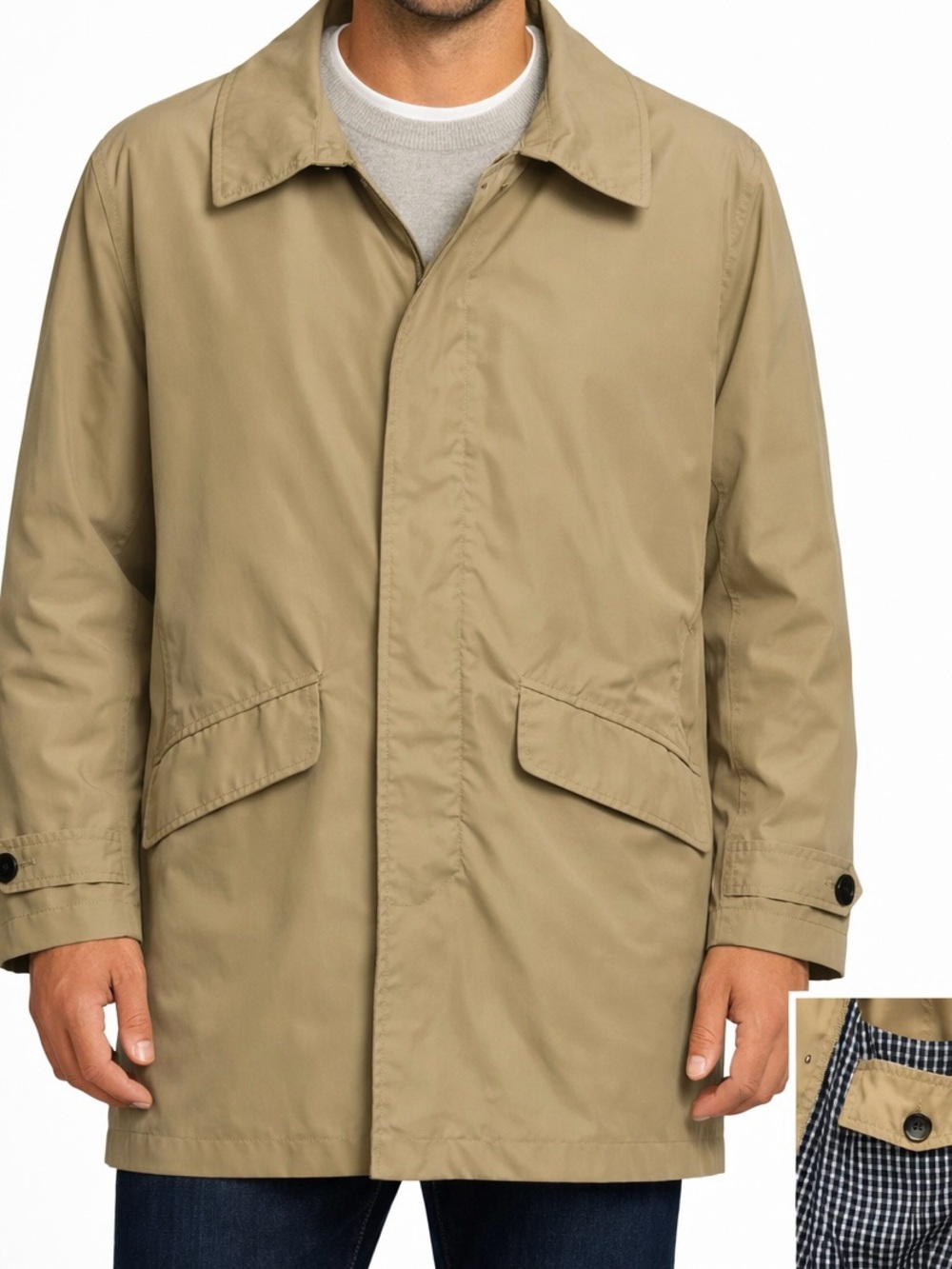 Lands’ End Squall Raincoat Trench Coat • Blue Gingham Lined • Size XL